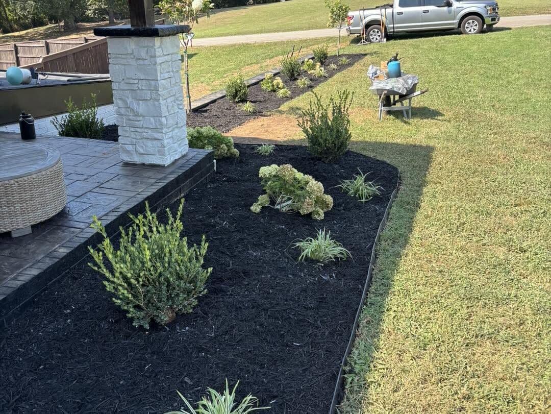 Front flower bed with fresh black mulch, shrubs and hydrangeas beside a stamped concrete porch